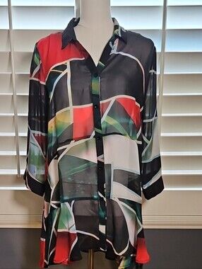 LIOR PARIS DONNA ABSTRACT GEOMETRIC SHEER HIGH/LOW PEPLUM BLOUSE MED